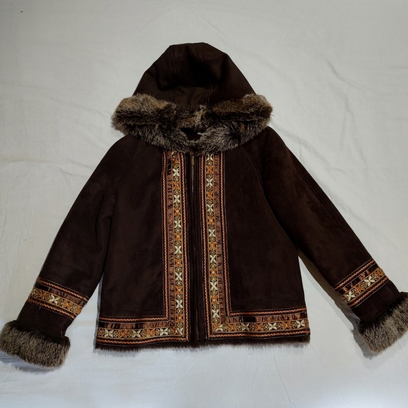 Coldwater Creek Brown Embroidered Boho Faux Suede Fur Lined Jacket Small - Picture 2 of 10